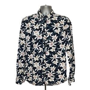 Solid Floral Button Up Shirt Mens Large Blue White Cotton Casual Long Sleeve